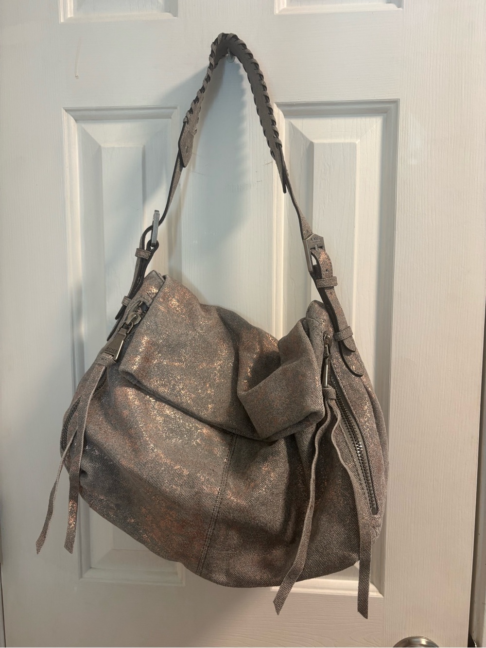 Aimee Kestenberg Metallic Bronze Distressed Leather Slouchy Hobo Bag EUC